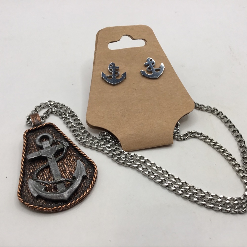 Anchor Nautical Pendant Necklace and Earring Set - His/Hers Silver and Bronze